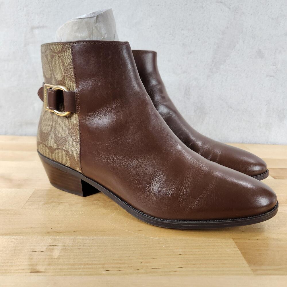 Coach Dany LTR-SIG Bootie Womens 9 Brown Leather Logo Ankle Boots Zip Buckle